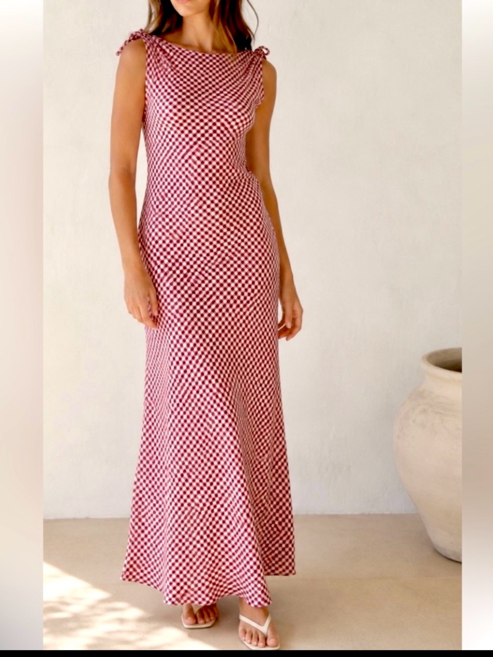Caroline Constas checkered slip maxi dress white dark red  size XS